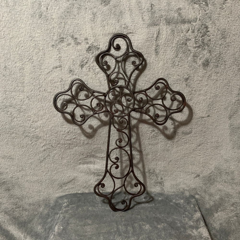 Large Wrought Iron Wall Cross 21x15 Scroll Filigree Metal Art Dark Brown Large
